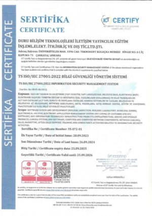 TS ISO /IEC 27001:2022 BİLGİ GÜVENLİĞİ YÖNETİM SİSTEMİ BELGESİ